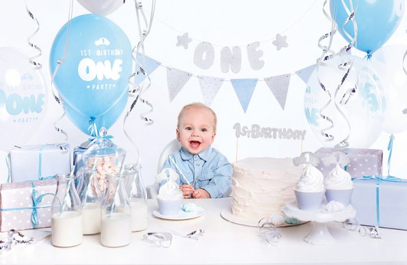 Baby, 1 jaar, jongen, blauw, zilver, verjaardagset