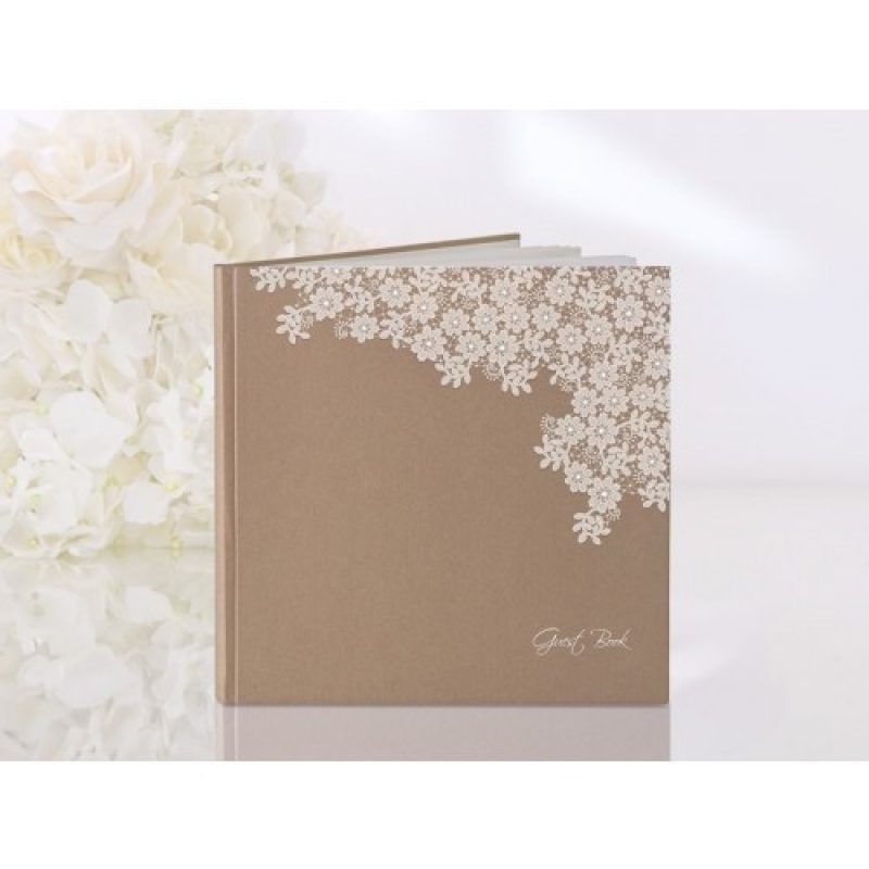 Gastenboek van Kraftpapier met witte kanten bloemen